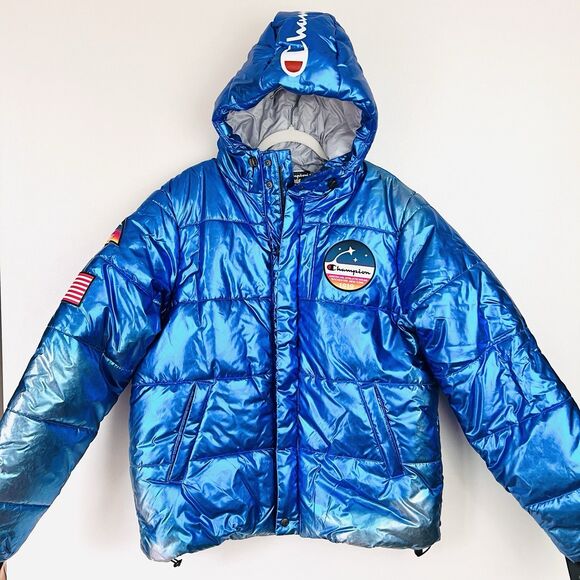 NWT Amazing CHAMPION x NASA Metallic Blue Puffer Space Jacket Puffer Coat Large - Picture 2 of 15